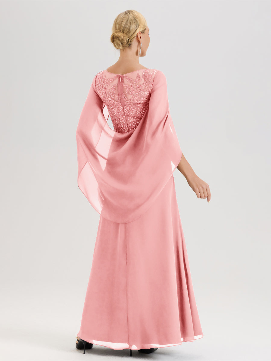 Cicinia Rose Robe De Mère De La Mariée Longue Ligne A En Dentelle Appliquée Et Mousseline À Manches Volantes Et Col Illusion