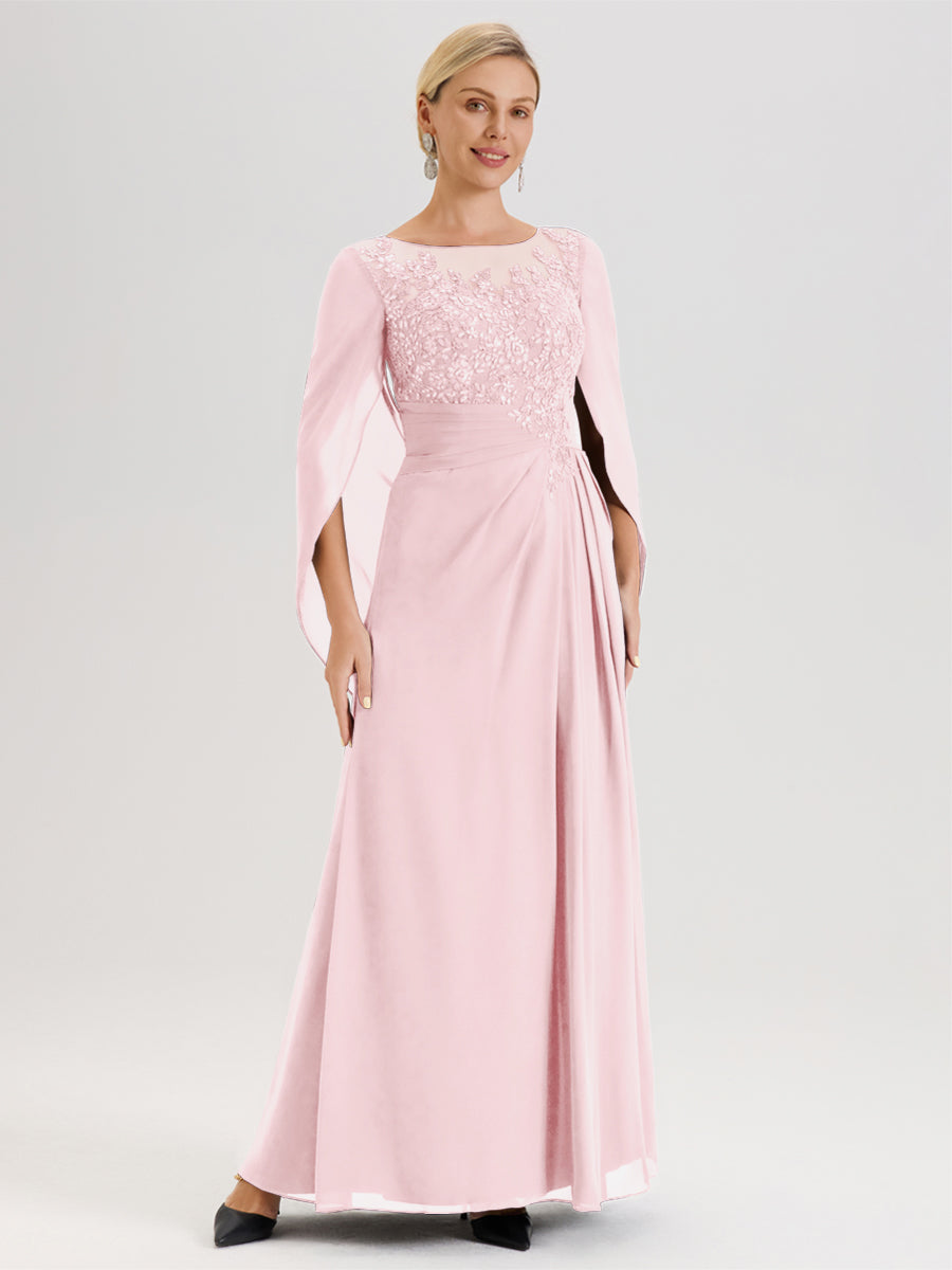 Cicinia Rose Pâle Robe De Mère De La Mariée Longue Ligne A En Dentelle Appliquée Et Mousseline À Manches Volantes Et Col Illusion