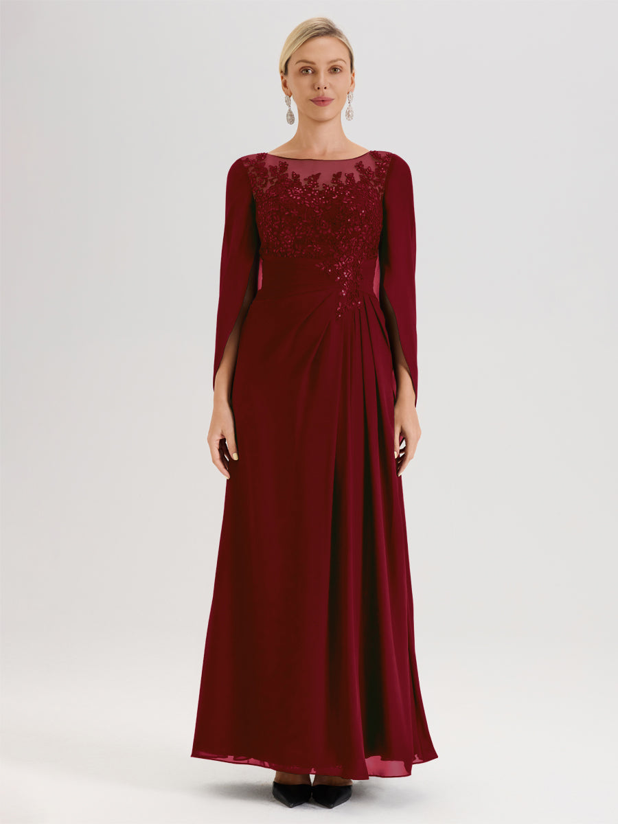 Cicinia Bordeaux Robe De Mère De La Mariée Longue Ligne A En Dentelle Appliquée Et Mousseline À Manches Volantes Et Col Illusion