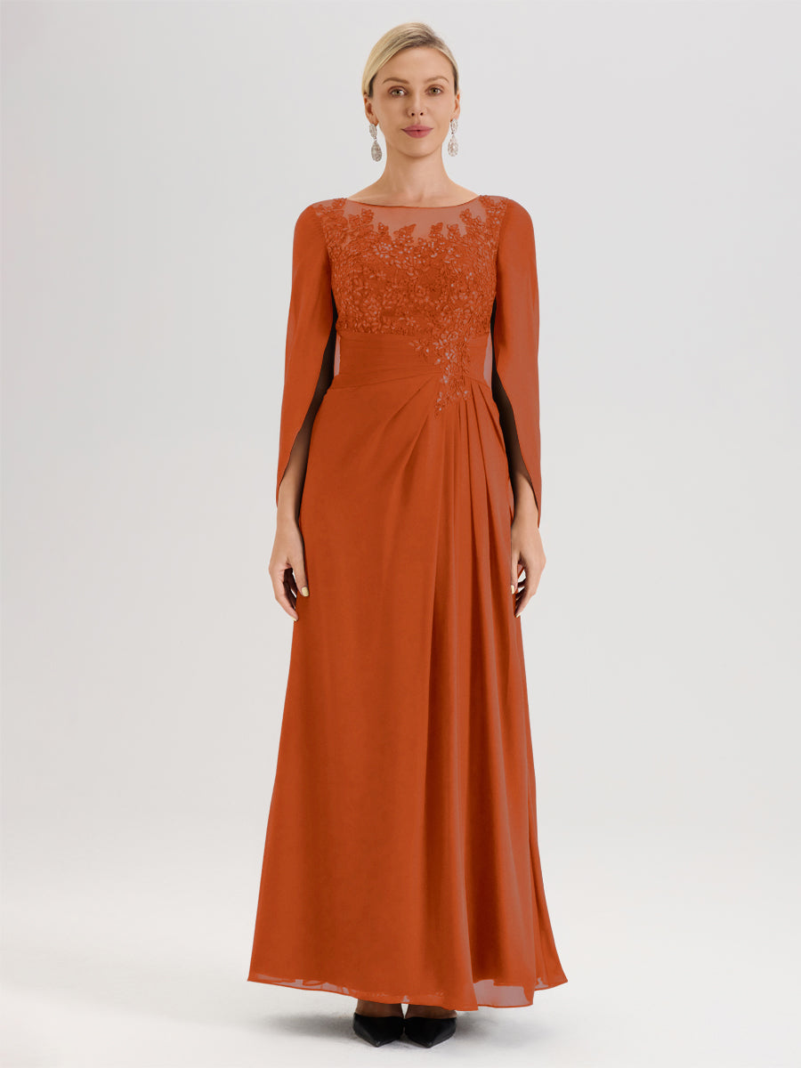 Cicinia Orange Brûlé Robe De Mère De La Mariée Longue Ligne A En Dentelle Appliquée Et Mousseline À Manches Volantes Et Col Illusion