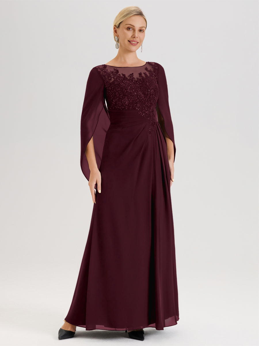 Cicinia Cabernet Robe De Mère De La Mariée Longue Ligne A En Dentelle Appliquée Et Mousseline À Manches Volantes Et Col Illusion