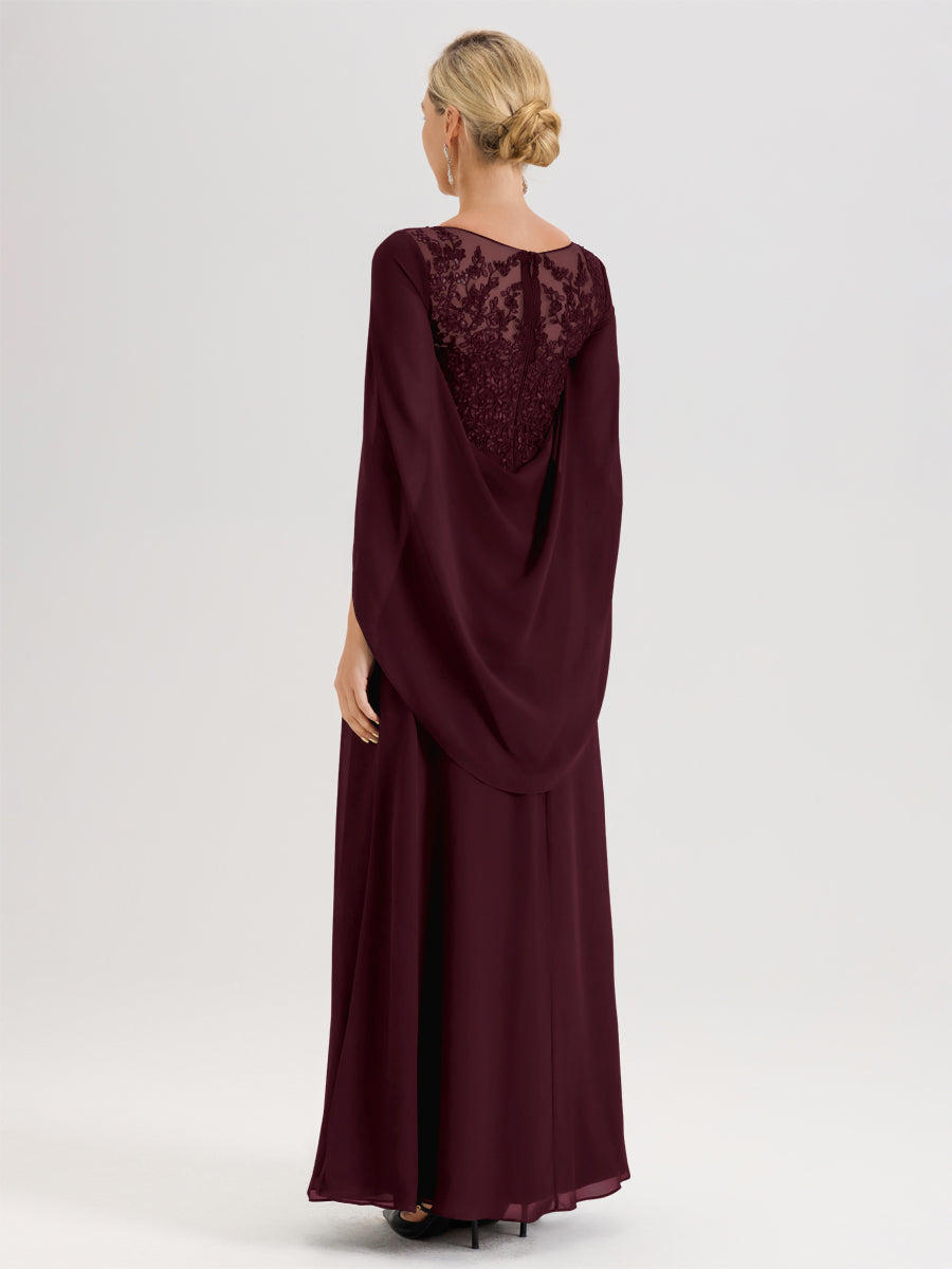 Cicinia Cabernet Robe De Mère De La Mariée Longue Ligne A En Dentelle Appliquée Et Mousseline À Manches Volantes Et Col Illusion