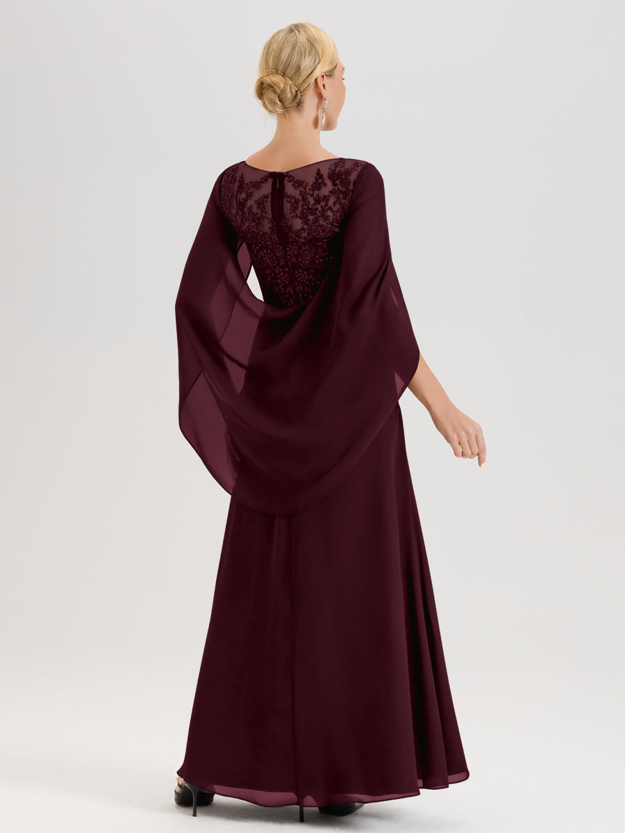 Cicinia Cabernet Robe De Mère De La Mariée Longue Ligne A En Dentelle Appliquée Et Mousseline À Manches Volantes Et Col Illusion
