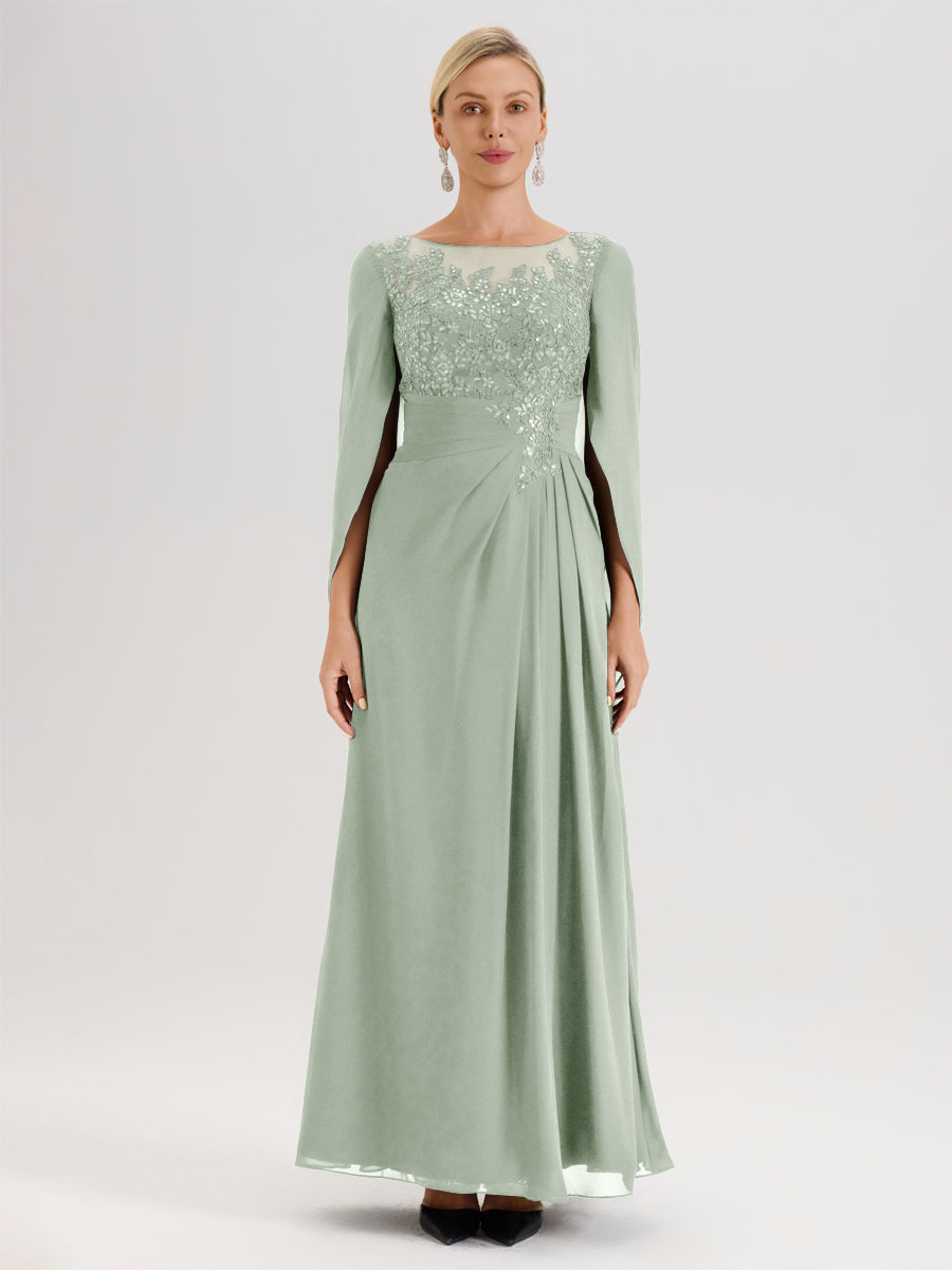 Cicinia Celadon Robe De Mère De La Mariée Longue Ligne A En Dentelle Appliquée Et Mousseline À Manches Volantes Et Col Illusion