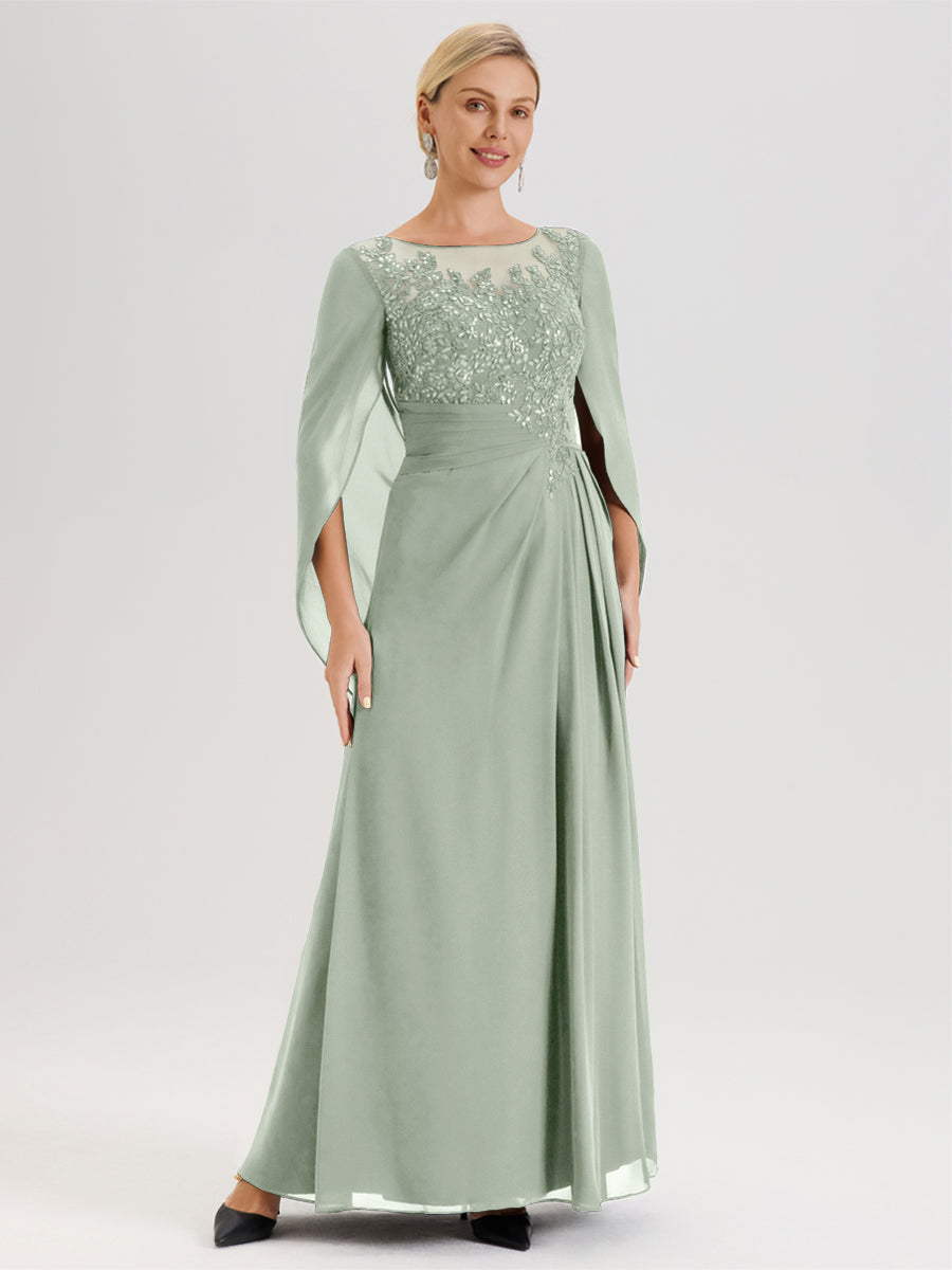 Cicinia Celadon Robe De Mère De La Mariée Longue Ligne A En Dentelle Appliquée Et Mousseline À Manches Volantes Et Col Illusion