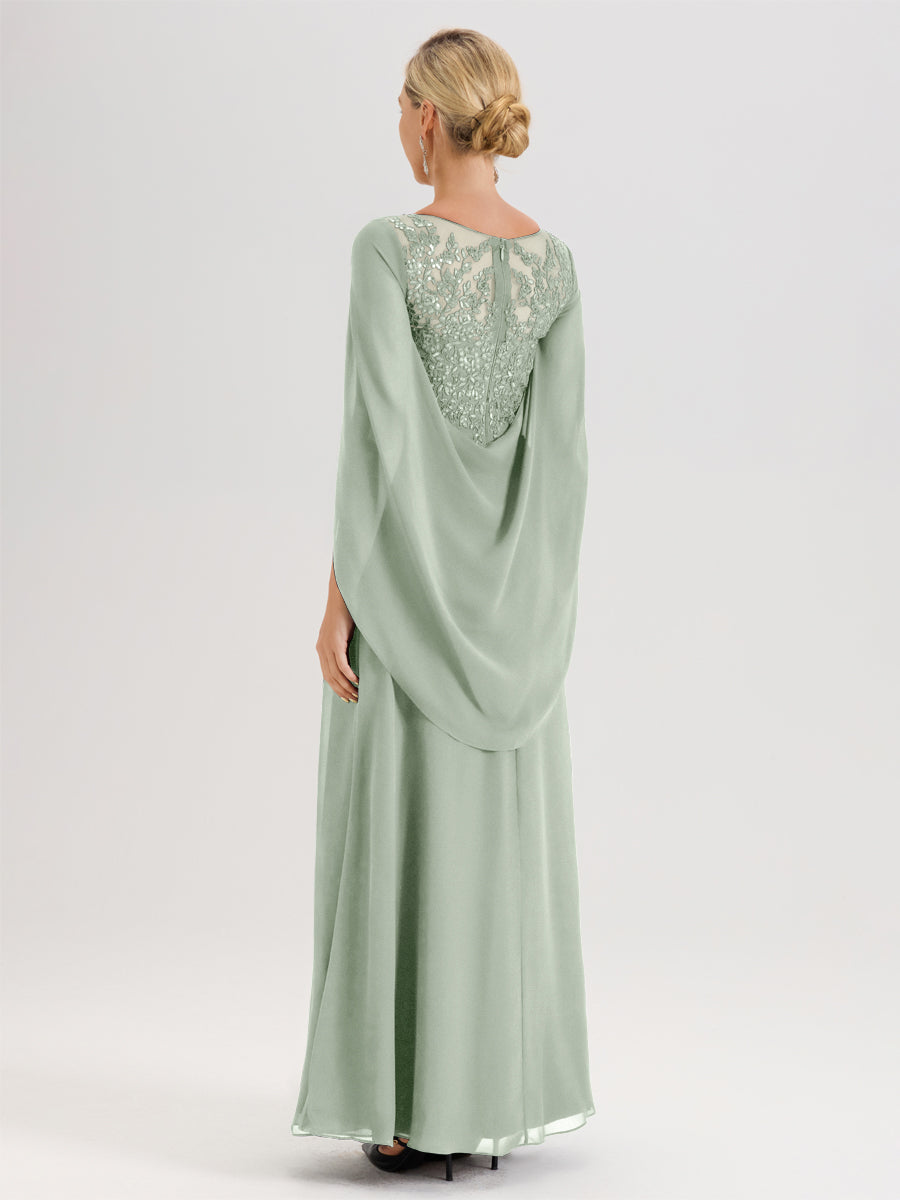Cicinia Celadon Robe De Mère De La Mariée Longue Ligne A En Dentelle Appliquée Et Mousseline À Manches Volantes Et Col Illusion
