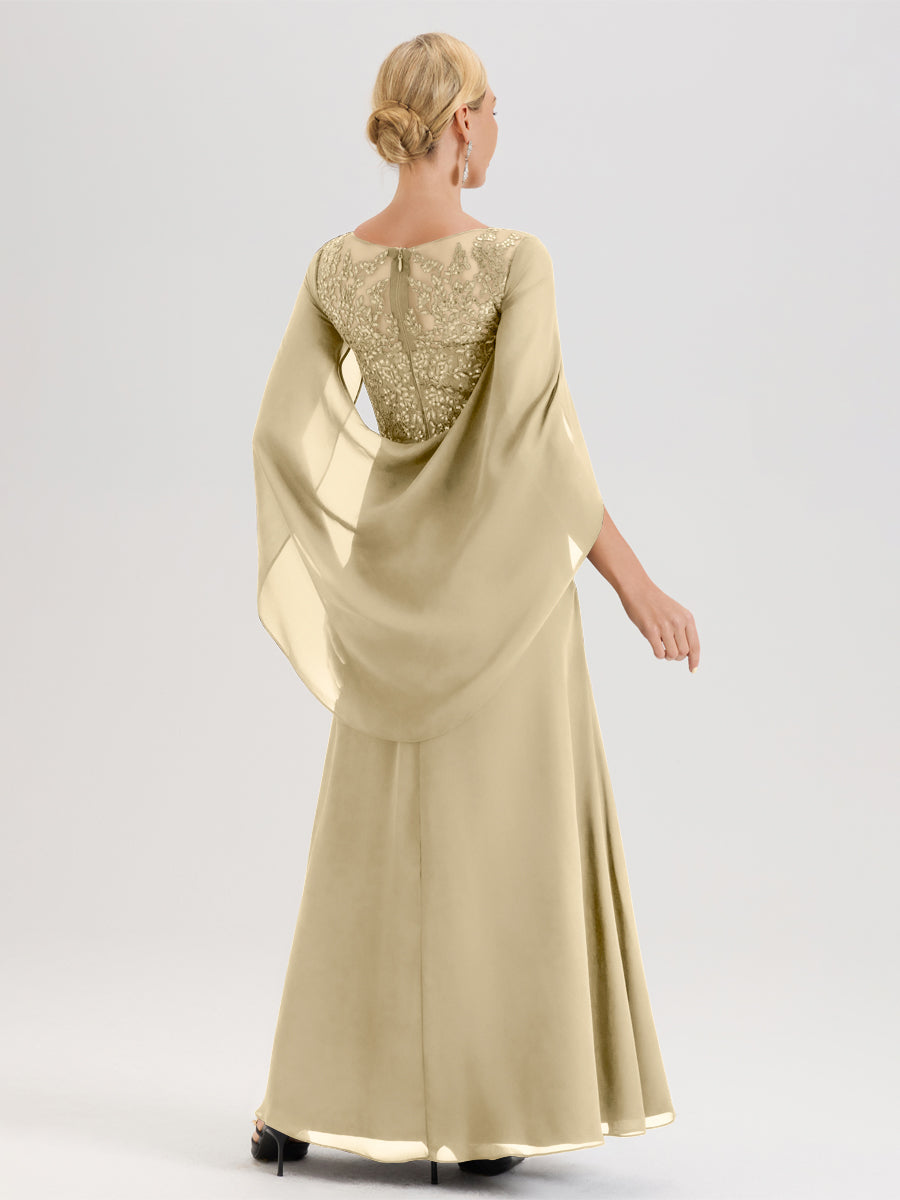 Cicinia Champagne Robe De Mère De La Mariée Longue Ligne A En Dentelle Appliquée Et Mousseline À Manches Volantes Et Col Illusion