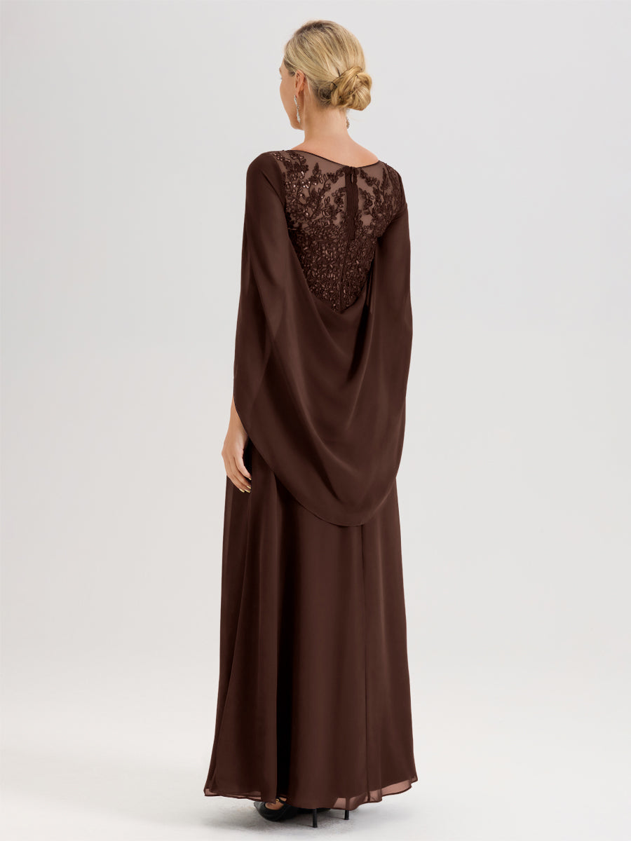 Cicinia Chocolat Robe De Mère De La Mariée Longue Ligne A En Dentelle Appliquée Et Mousseline À Manches Volantes Et Col Illusion