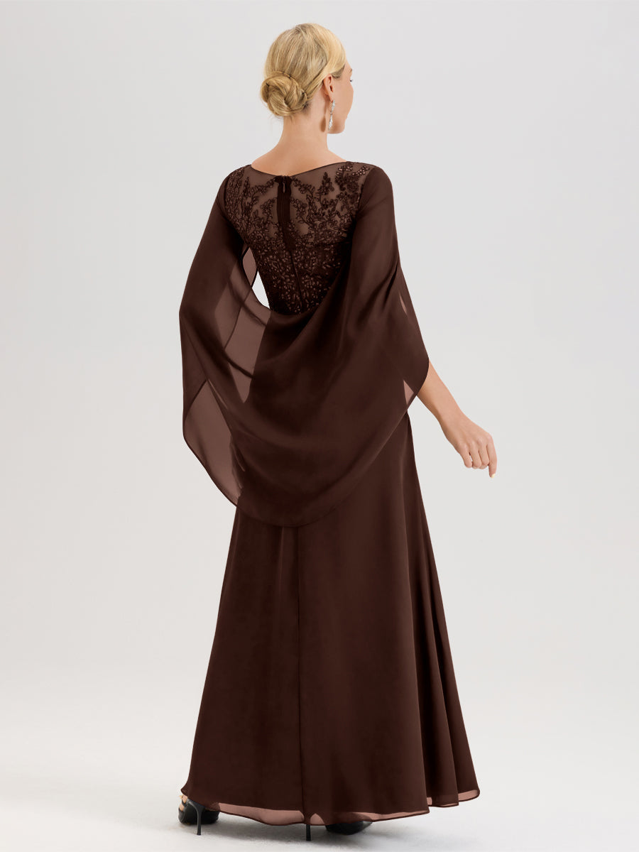 Cicinia Chocolat Robe De Mère De La Mariée Longue Ligne A En Dentelle Appliquée Et Mousseline À Manches Volantes Et Col Illusion