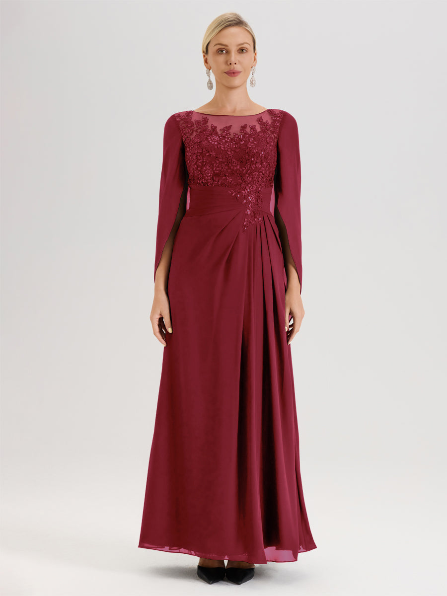 Cicinia Rose Cannelle Robe De Mère De La Mariée Longue Ligne A En Dentelle Appliquée Et Mousseline À Manches Volantes Et Col Illusion