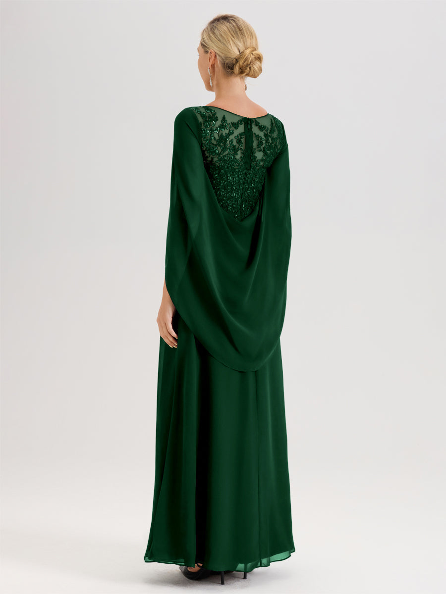 Cicinia Vert Foncé Robe De Mère De La Mariée Longue Ligne A En Dentelle Appliquée Et Mousseline À Manches Volantes Et Col Illusion