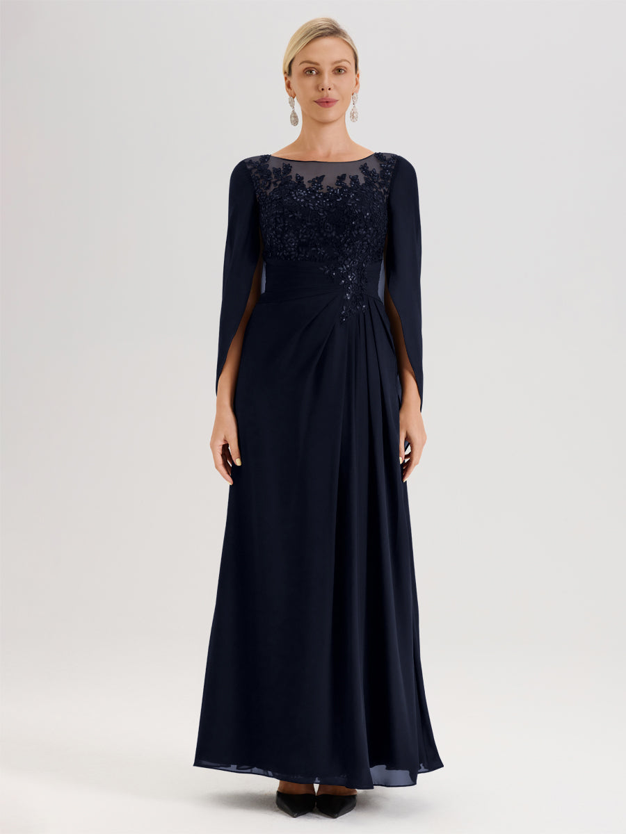 Cicinia Bleu Marine Robe De Mère De La Mariée Longue Ligne A En Dentelle Appliquée Et Mousseline À Manches Volantes Et Col Illusion