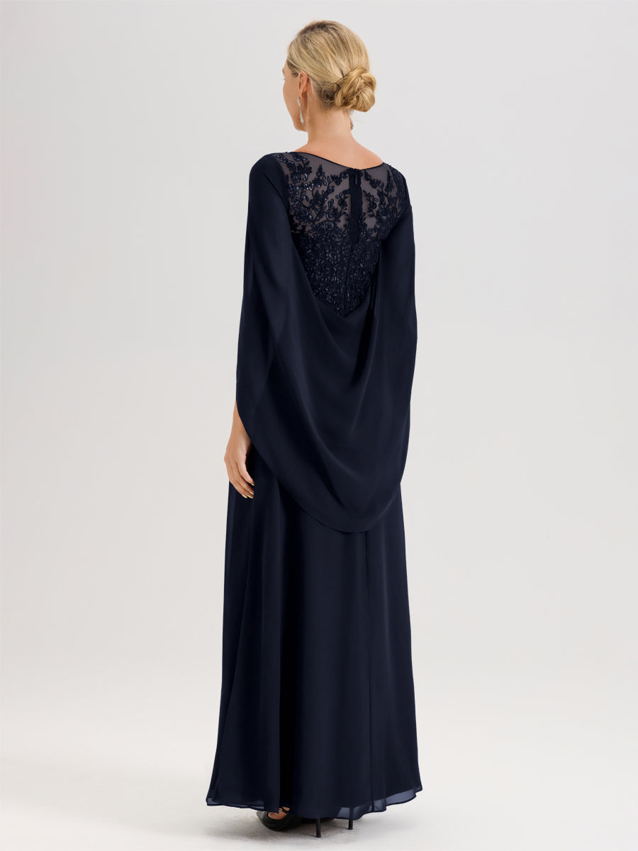 Cicinia Bleu Marine Robe De Mère De La Mariée Longue Ligne A En Dentelle Appliquée Et Mousseline À Manches Volantes Et Col Illusion