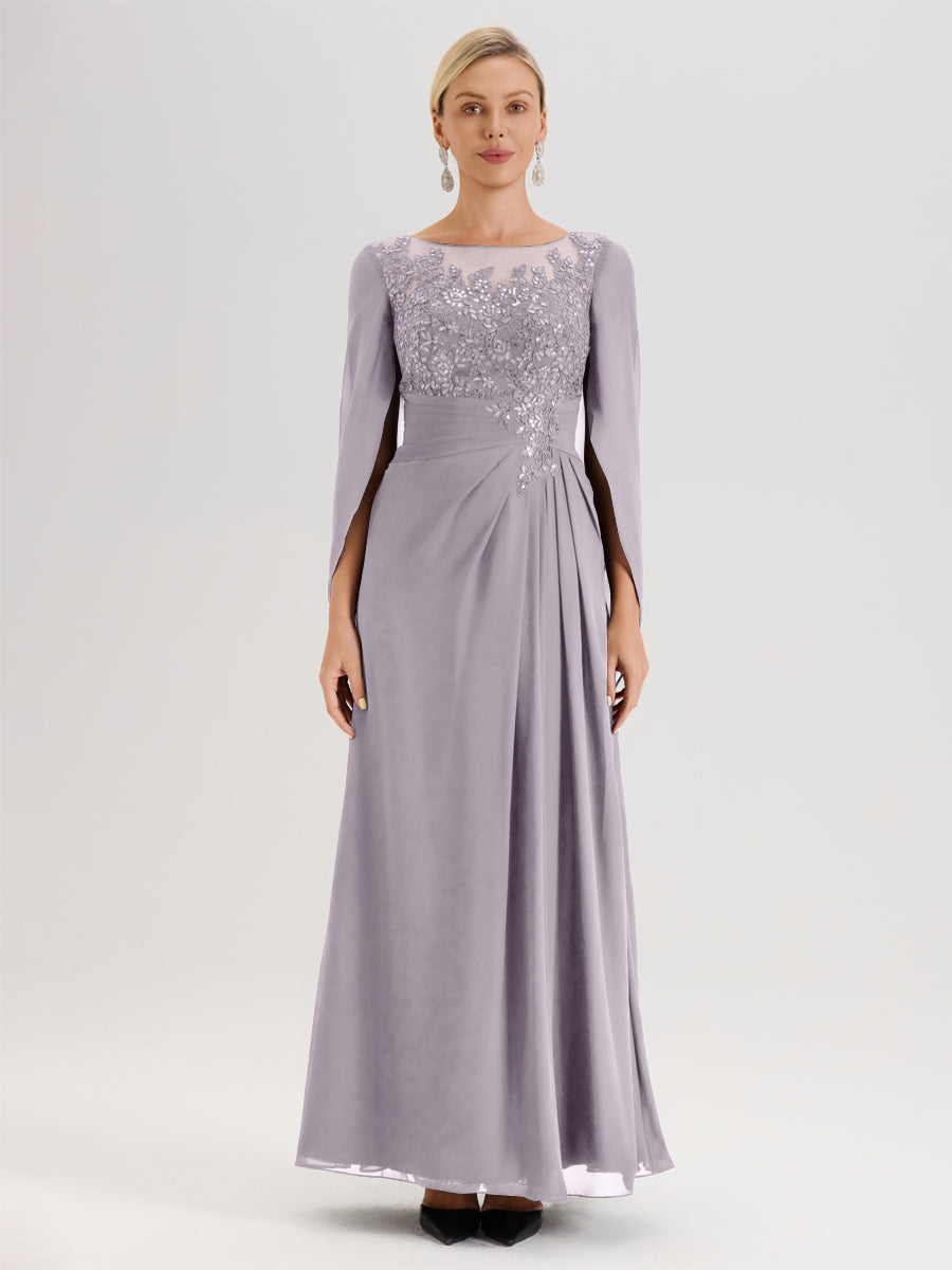 Cicinia Crépuscule Robe De Mère De La Mariée Longue Ligne A En Dentelle Appliquée Et Mousseline À Manches Volantes Et Col Illusion