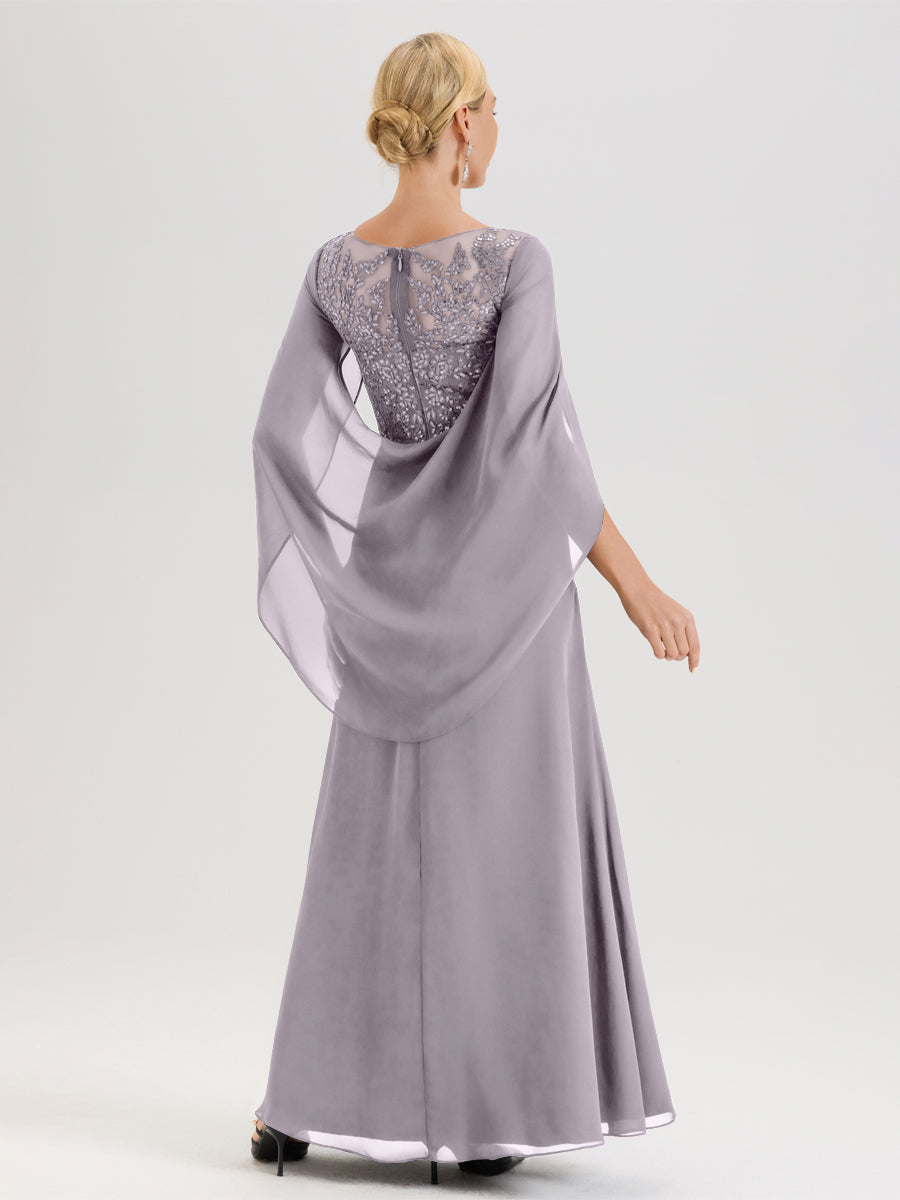 Cicinia Crépuscule Robe De Mère De La Mariée Longue Ligne A En Dentelle Appliquée Et Mousseline À Manches Volantes Et Col Illusion