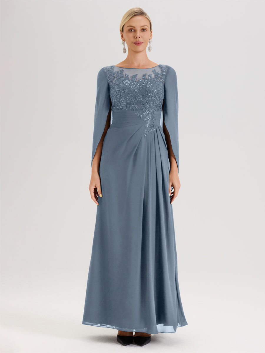Cicinia Bleu Poudré Robe De Mère De La Mariée Longue Ligne A En Dentelle Appliquée Et Mousseline À Manches Volantes Et Col Illusion