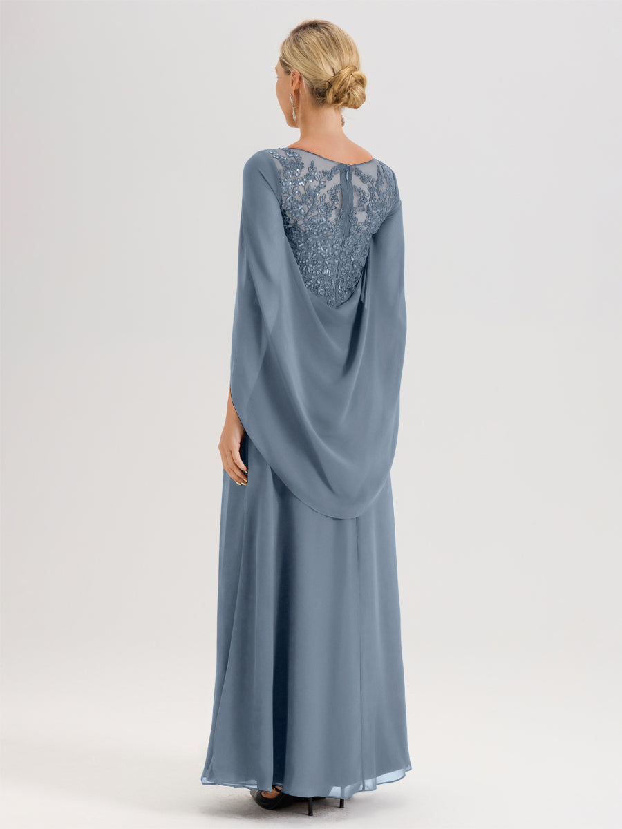 Cicinia Bleu Poudré Robe De Mère De La Mariée Longue Ligne A En Dentelle Appliquée Et Mousseline À Manches Volantes Et Col Illusion
