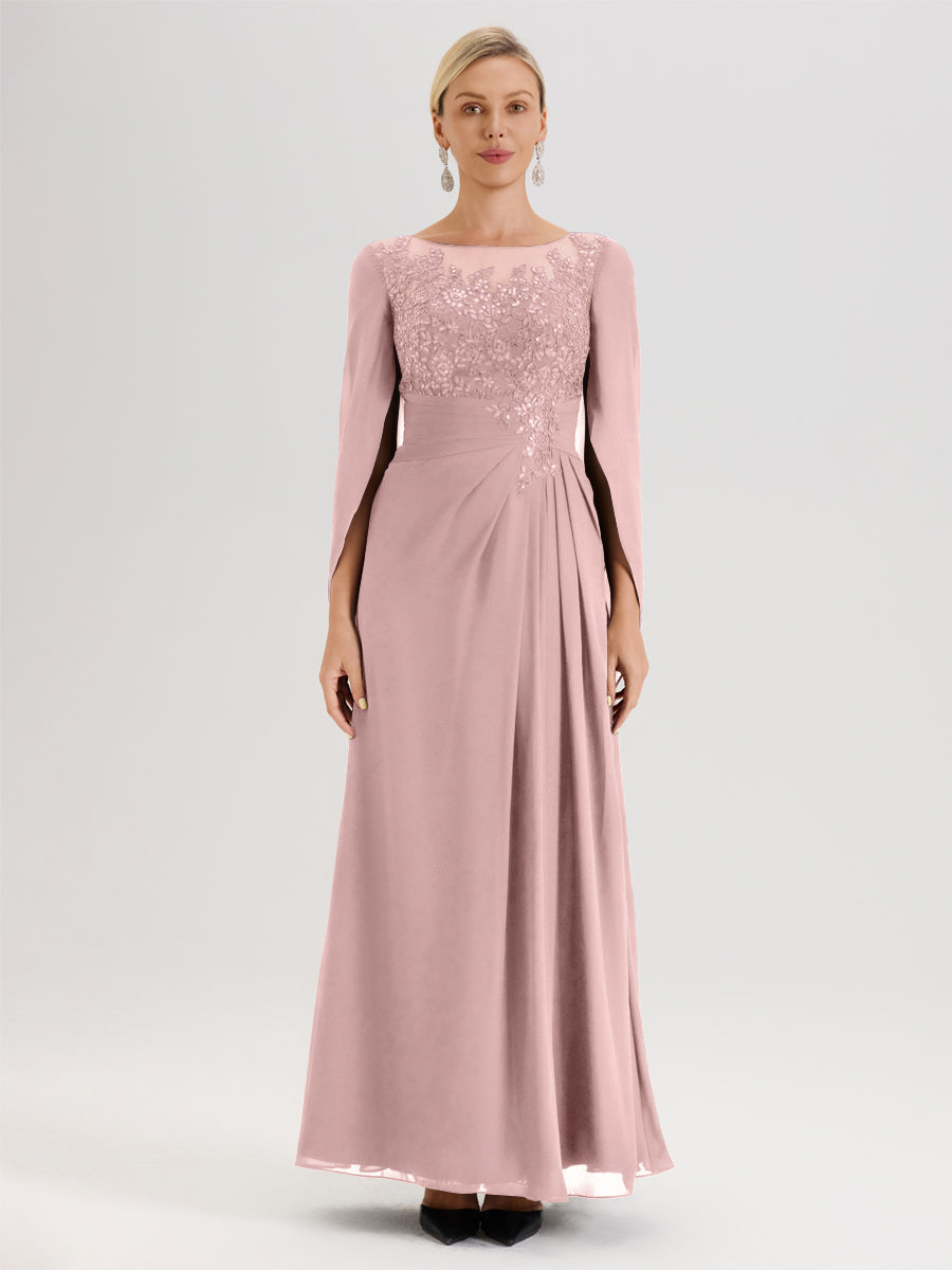 Cicinia Rose Poudré Robe De Mère De La Mariée Longue Ligne A En Dentelle Appliquée Et Mousseline À Manches Volantes Et Col Illusion
