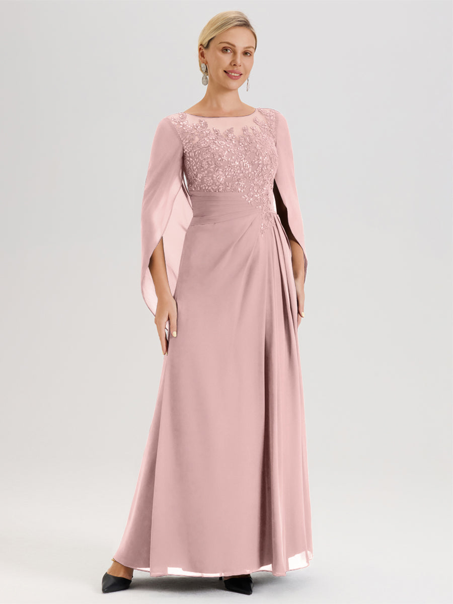 Cicinia Rose Poudré Robe De Mère De La Mariée Longue Ligne A En Dentelle Appliquée Et Mousseline À Manches Volantes Et Col Illusion