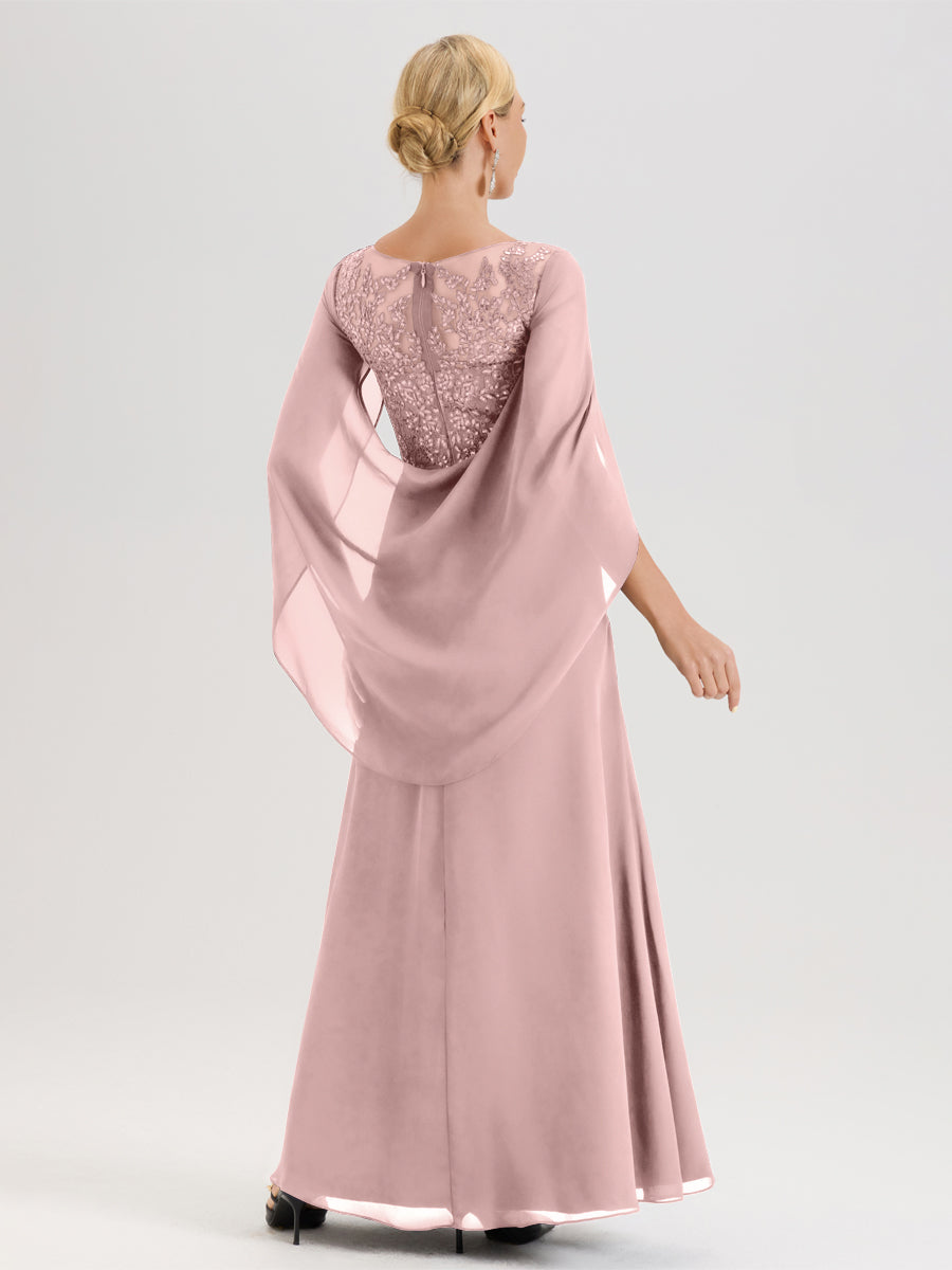 Cicinia Rose Poudré Robe De Mère De La Mariée Longue Ligne A En Dentelle Appliquée Et Mousseline À Manches Volantes Et Col Illusion