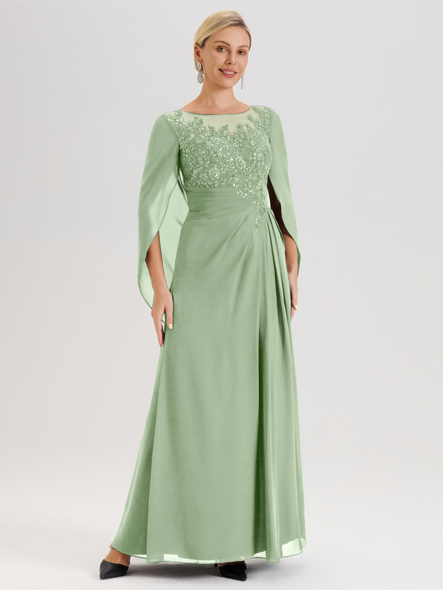 Cicinia Sauge Poudrée Robe De Mère De La Mariée Longue Ligne A En Dentelle Appliquée Et Mousseline À Manches Volantes Et Col Illusion