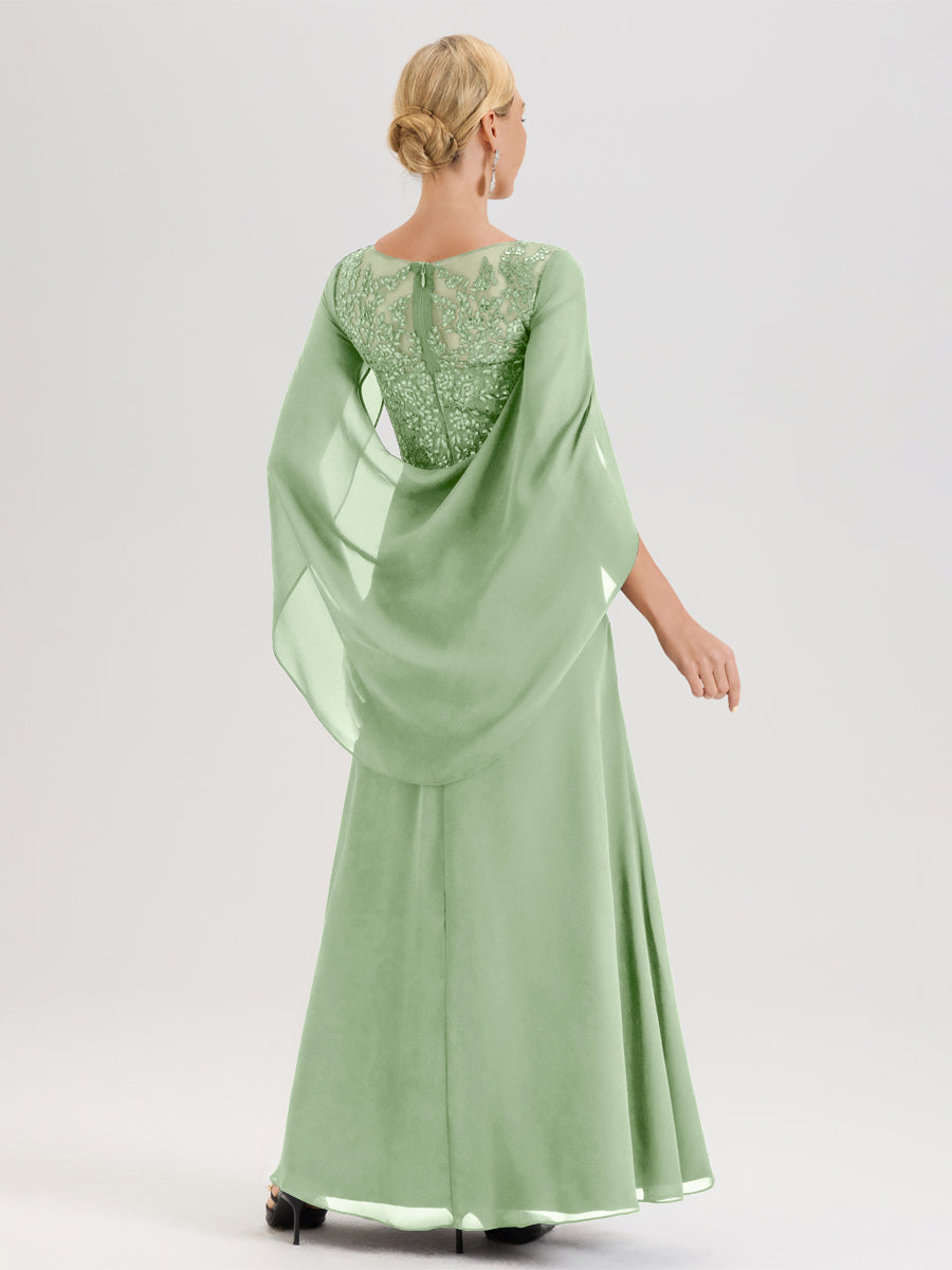 Cicinia Sauge Poudrée Robe De Mère De La Mariée Longue Ligne A En Dentelle Appliquée Et Mousseline À Manches Volantes Et Col Illusion