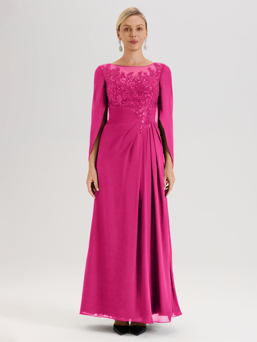 Cicinia Fuchsia Robe De Mère De La Mariée Longue Ligne A En Dentelle Appliquée Et Mousseline À Manches Volantes Et Col Illusion