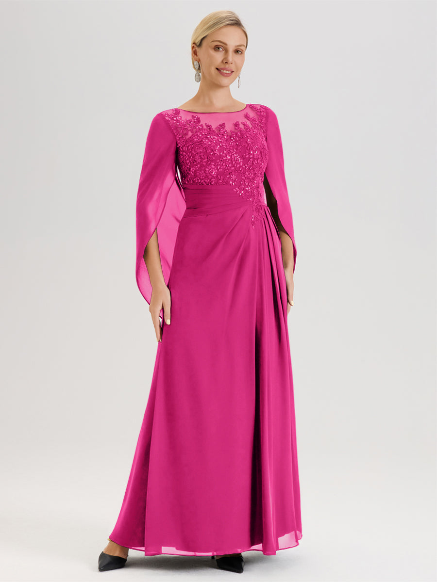Cicinia Fuchsia Robe De Mère De La Mariée Longue Ligne A En Dentelle Appliquée Et Mousseline À Manches Volantes Et Col Illusion