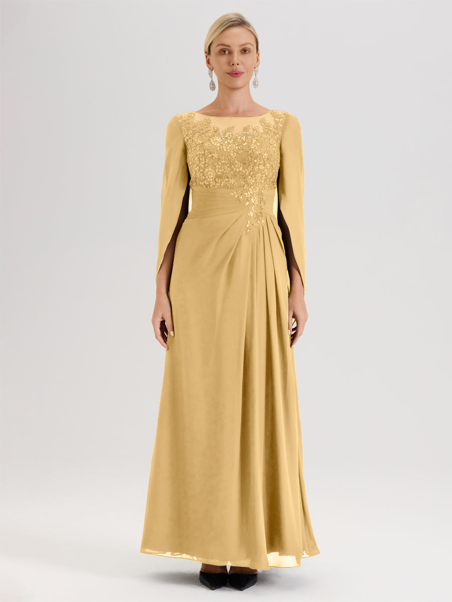 Cicinia Or Robe De Mère De La Mariée Longue Ligne A En Dentelle Appliquée Et Mousseline À Manches Volantes Et Col Illusion