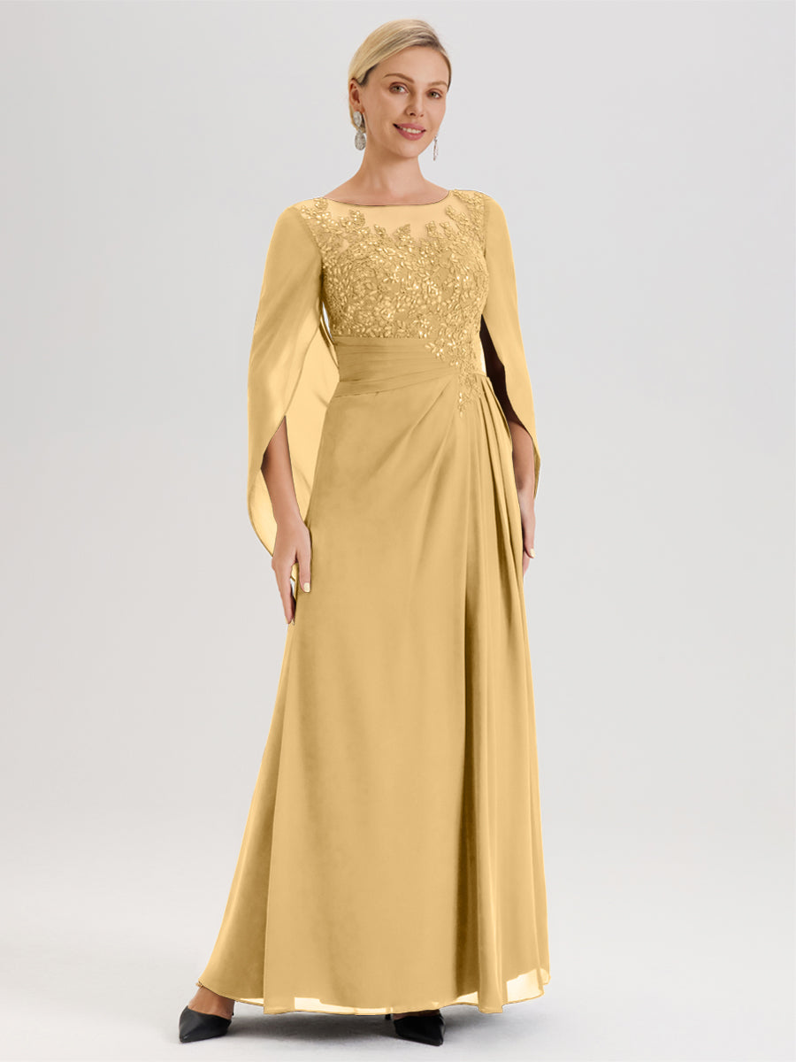 Cicinia Or Robe De Mère De La Mariée Longue Ligne A En Dentelle Appliquée Et Mousseline À Manches Volantes Et Col Illusion