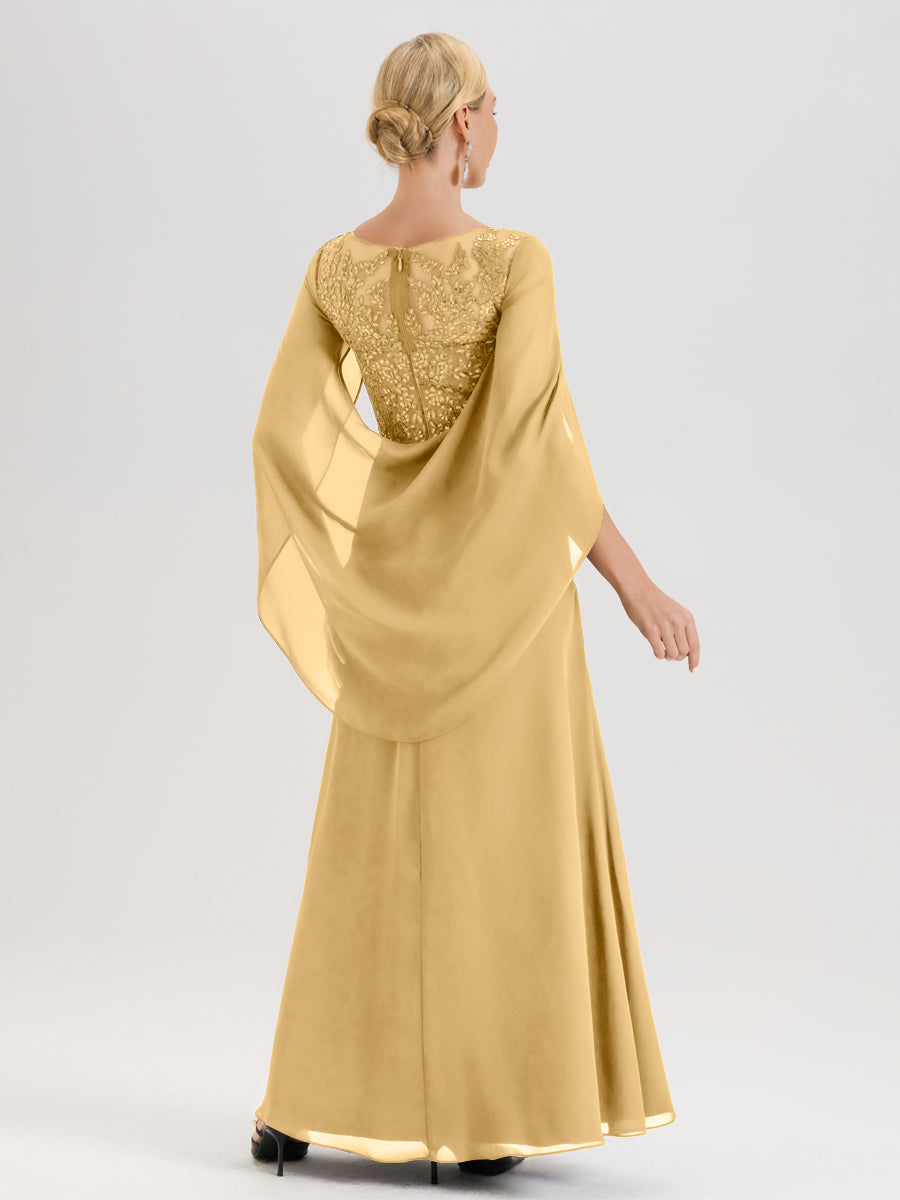 Cicinia Or Robe De Mère De La Mariée Longue Ligne A En Dentelle Appliquée Et Mousseline À Manches Volantes Et Col Illusion