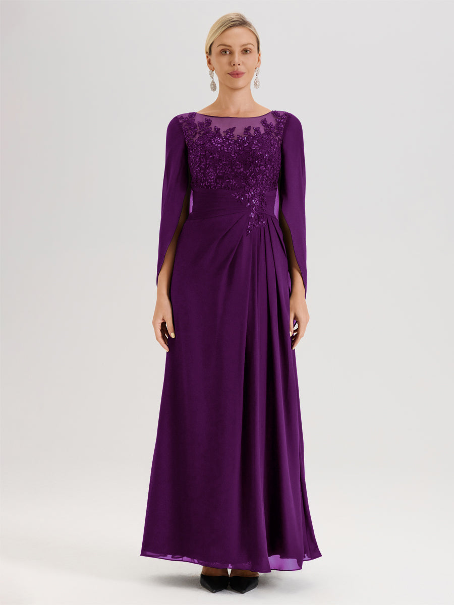 Cicinia Raisin Robe De Mère De La Mariée Longue Ligne A En Dentelle Appliquée Et Mousseline À Manches Volantes Et Col Illusion