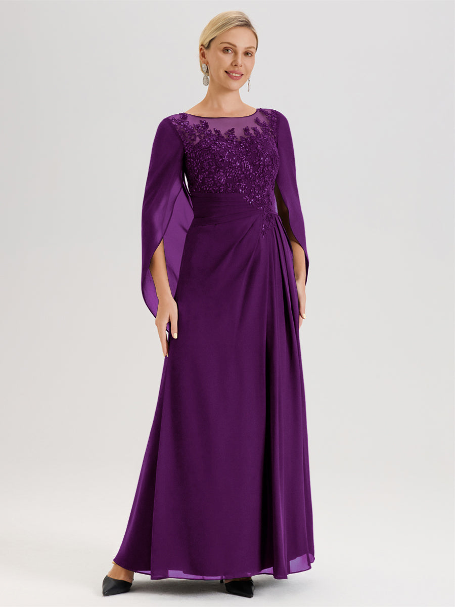 Cicinia Raisin Robe De Mère De La Mariée Longue Ligne A En Dentelle Appliquée Et Mousseline À Manches Volantes Et Col Illusion