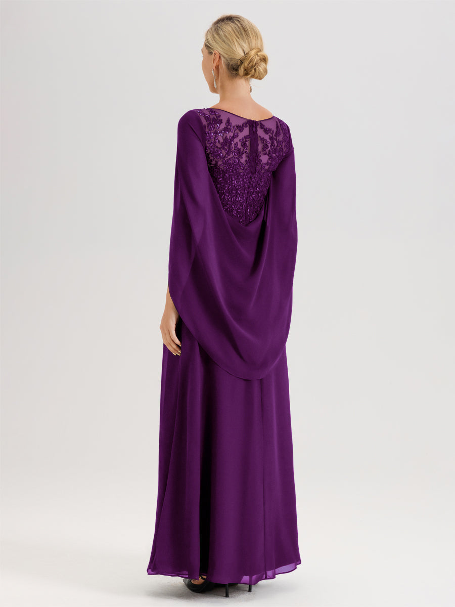 Cicinia Raisin Robe De Mère De La Mariée Longue Ligne A En Dentelle Appliquée Et Mousseline À Manches Volantes Et Col Illusion