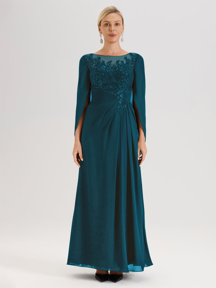Cicinia Bleu Encre Robe De Mère De La Mariée Longue Ligne A En Dentelle Appliquée Et Mousseline À Manches Volantes Et Col Illusion