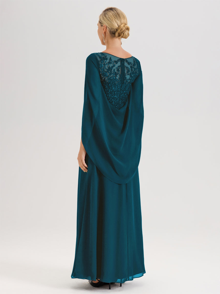 Cicinia Bleu Encre Robe De Mère De La Mariée Longue Ligne A En Dentelle Appliquée Et Mousseline À Manches Volantes Et Col Illusion