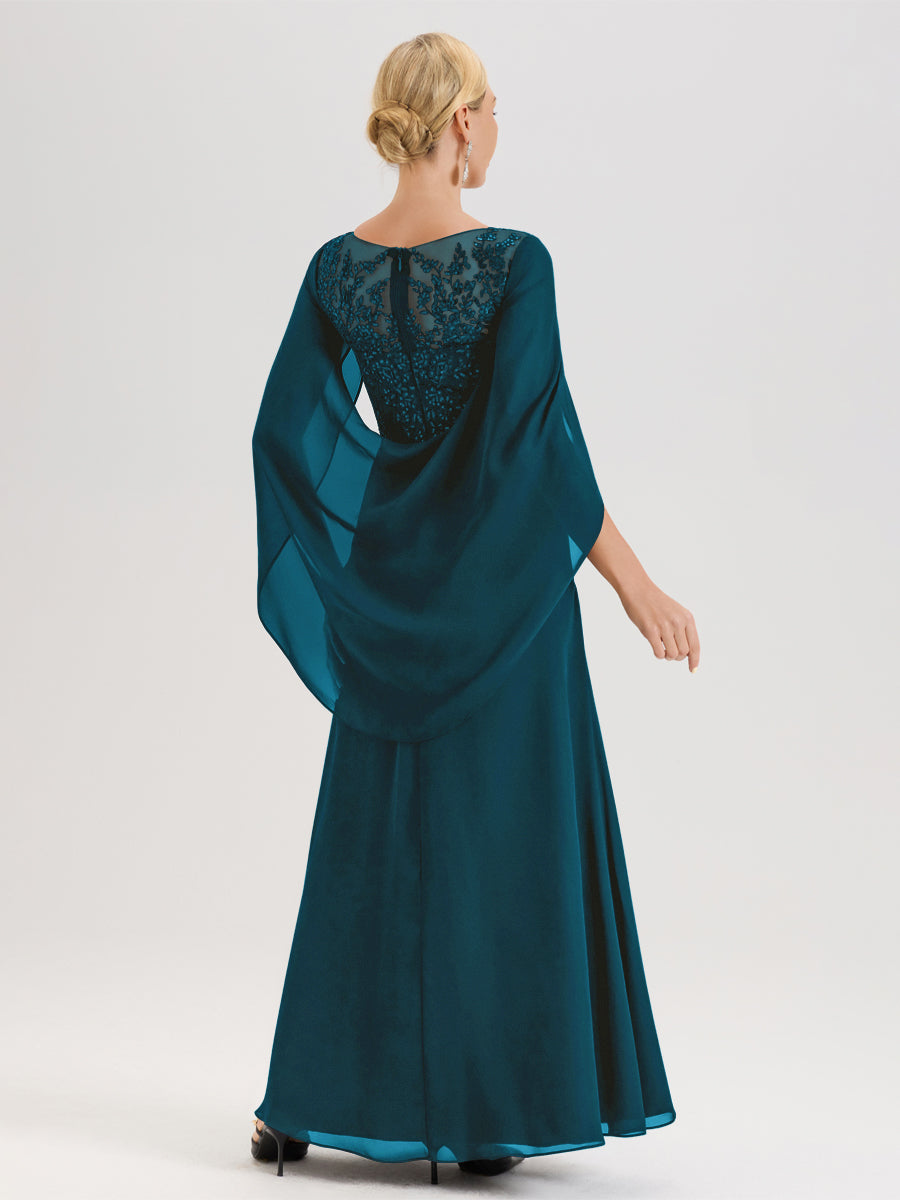 Cicinia Bleu Encre Robe De Mère De La Mariée Longue Ligne A En Dentelle Appliquée Et Mousseline À Manches Volantes Et Col Illusion