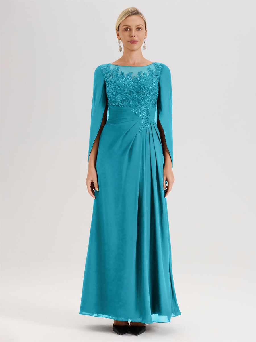 Cicinia Jade Robe De Mère De La Mariée Longue Ligne A En Dentelle Appliquée Et Mousseline À Manches Volantes Et Col Illusion