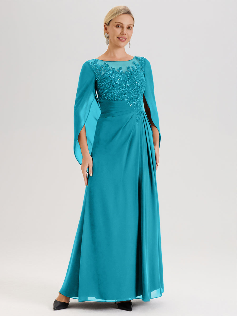 Cicinia Jade Robe De Mère De La Mariée Longue Ligne A En Dentelle Appliquée Et Mousseline À Manches Volantes Et Col Illusion