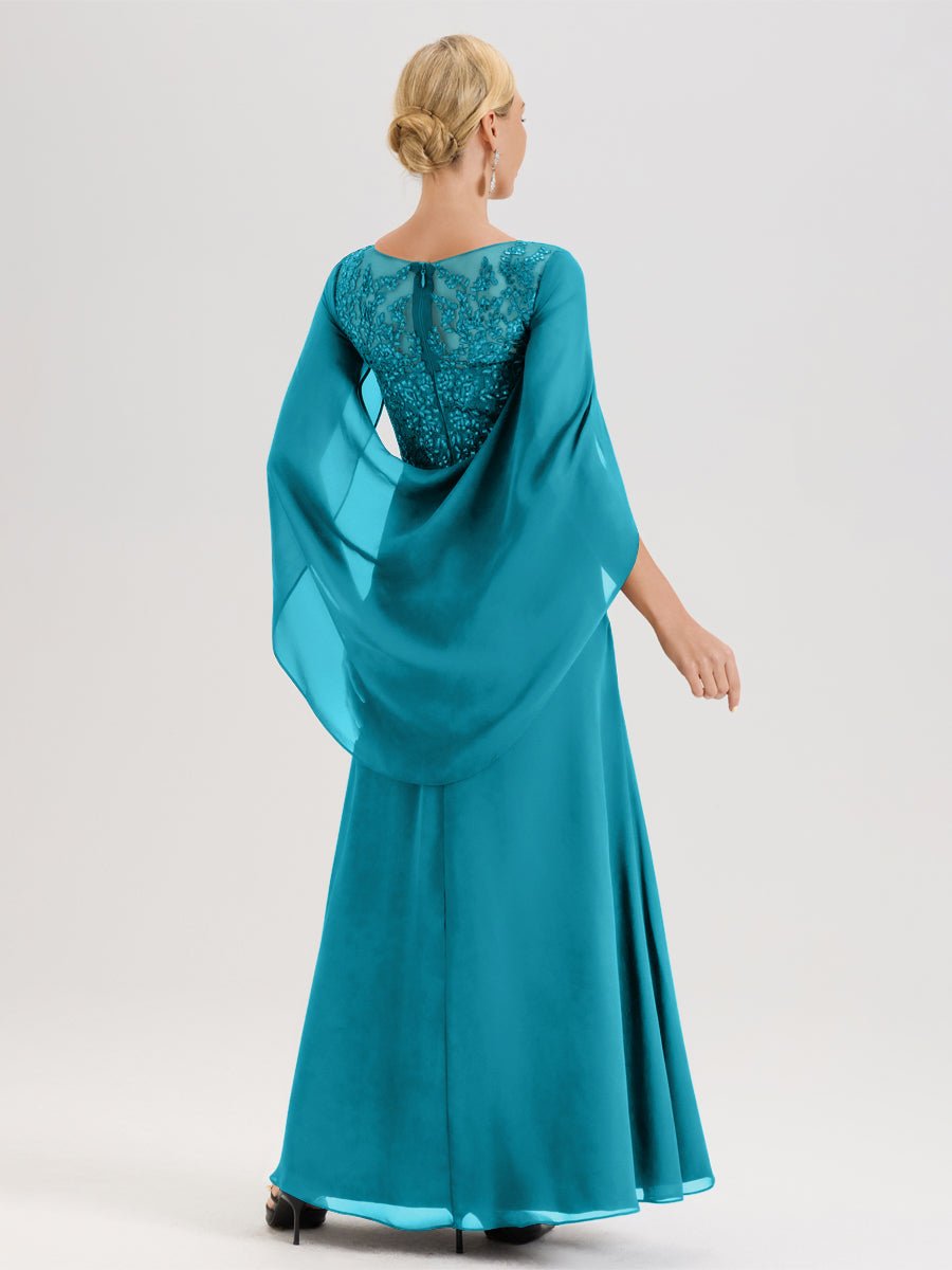 Cicinia Jade Robe De Mère De La Mariée Longue Ligne A En Dentelle Appliquée Et Mousseline À Manches Volantes Et Col Illusion