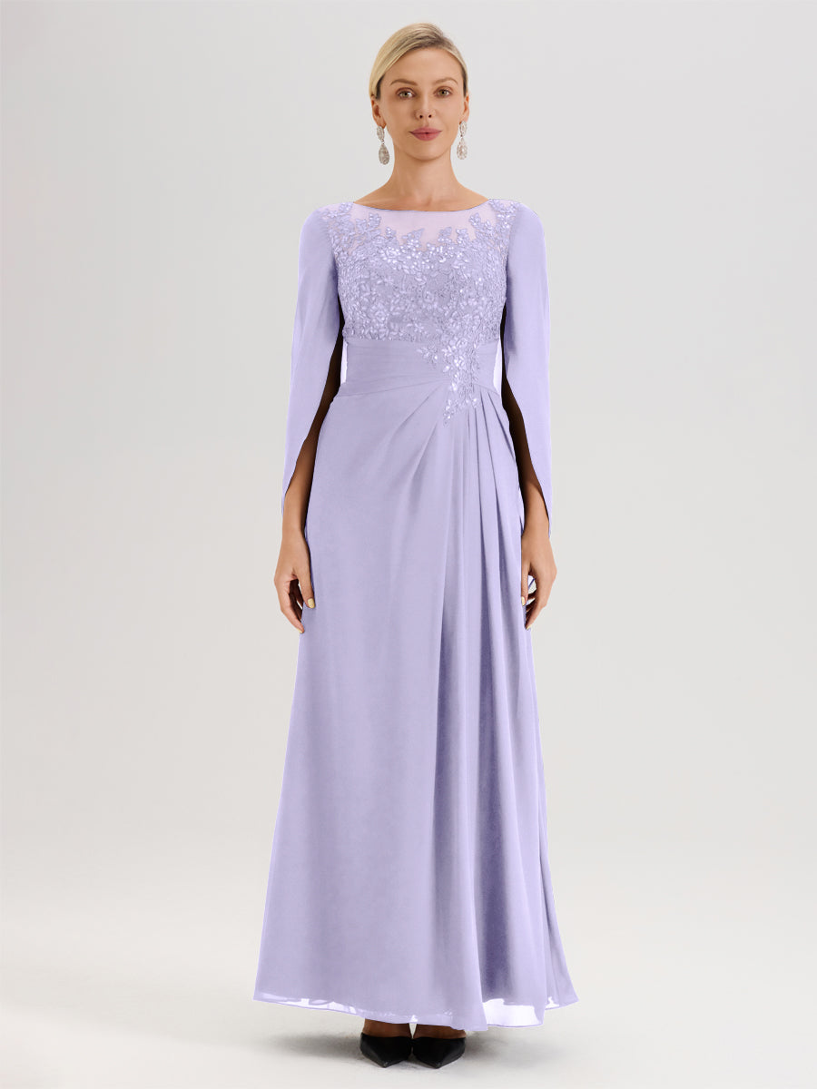 Cicinia Lilas Robe De Mère De La Mariée Longue Ligne A En Dentelle Appliquée Et Mousseline À Manches Volantes Et Col Illusion
