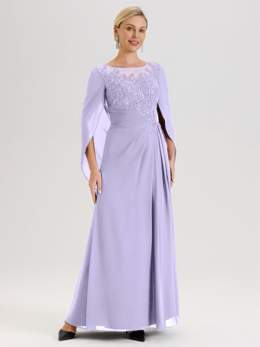 Cicinia Lilas Robe De Mère De La Mariée Longue Ligne A En Dentelle Appliquée Et Mousseline À Manches Volantes Et Col Illusion