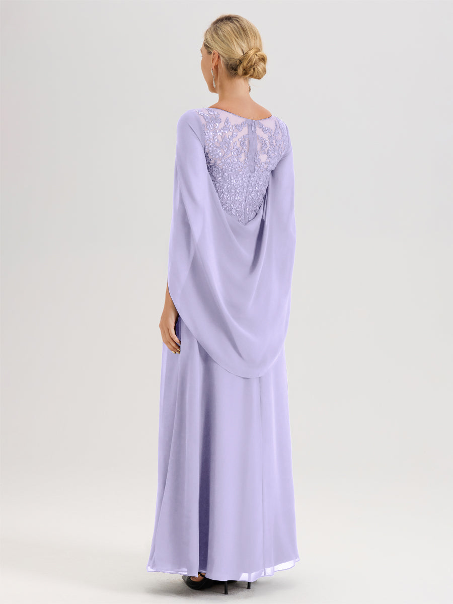 Cicinia Lilas Robe De Mère De La Mariée Longue Ligne A En Dentelle Appliquée Et Mousseline À Manches Volantes Et Col Illusion