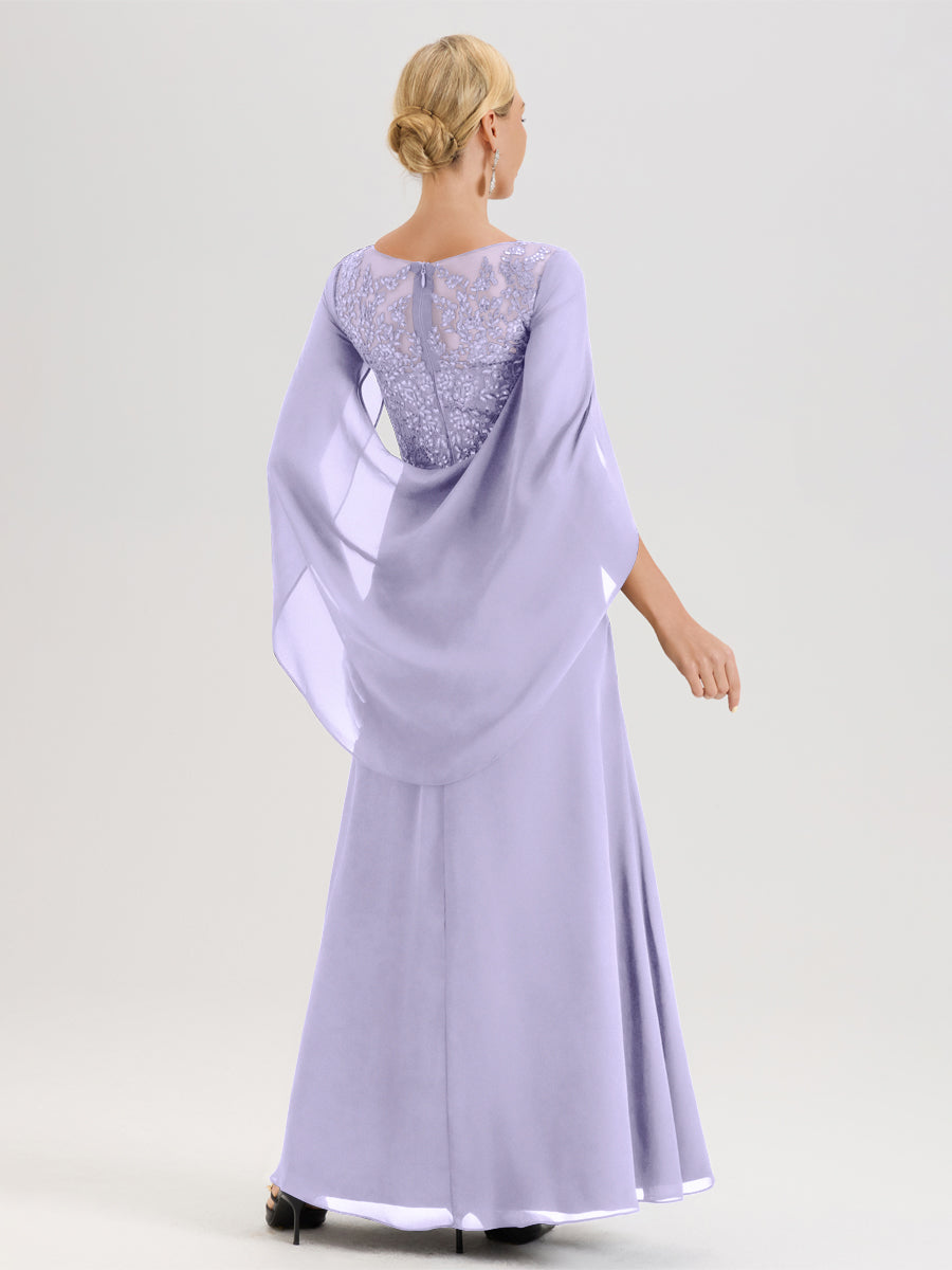 Cicinia Lilas Robe De Mère De La Mariée Longue Ligne A En Dentelle Appliquée Et Mousseline À Manches Volantes Et Col Illusion