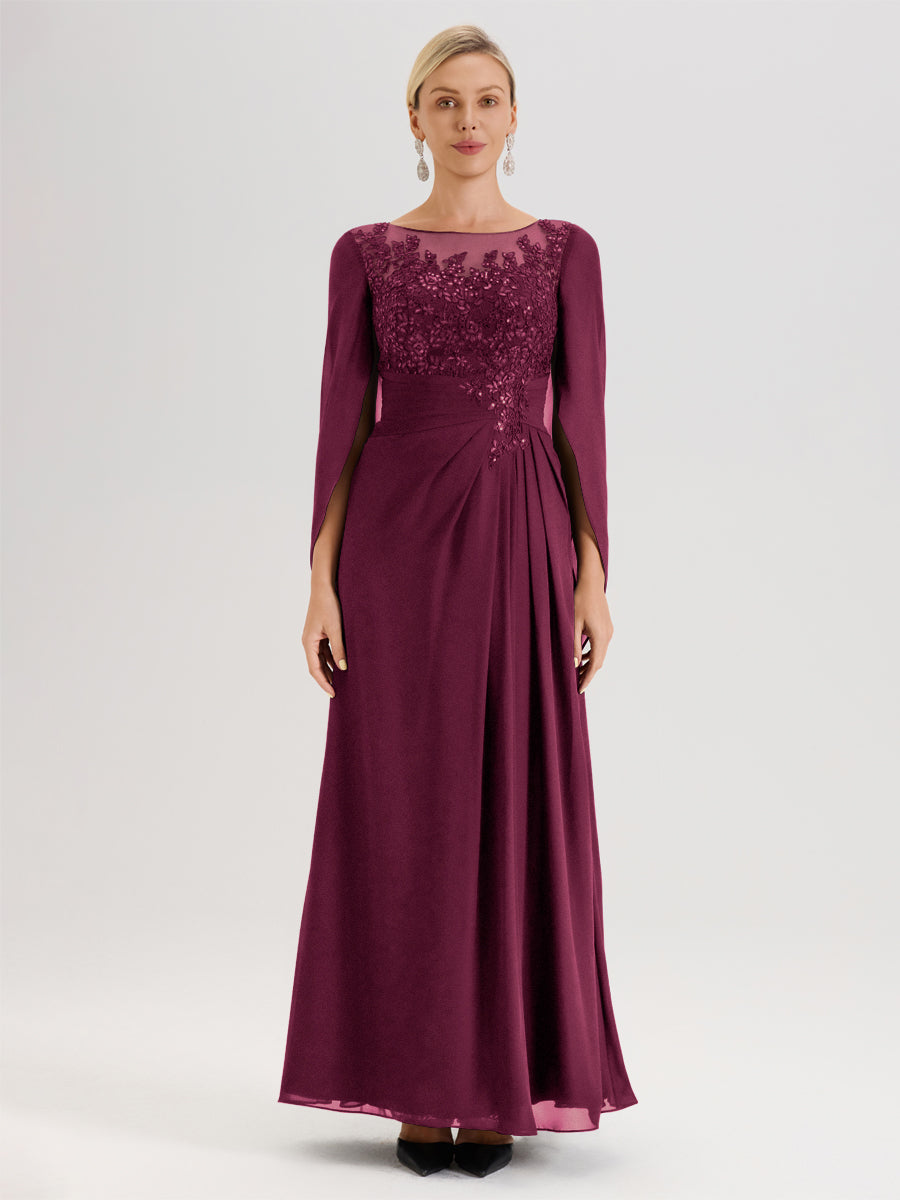 Cicinia Mûre Robe De Mère De La Mariée Longue Ligne A En Dentelle Appliquée Et Mousseline À Manches Volantes Et Col Illusion