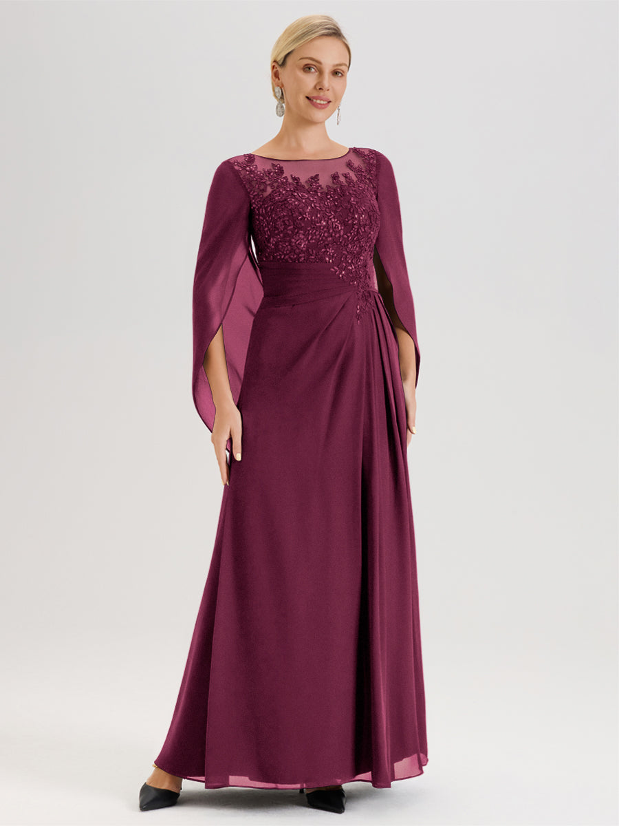 Cicinia Mûre Robe De Mère De La Mariée Longue Ligne A En Dentelle Appliquée Et Mousseline À Manches Volantes Et Col Illusion