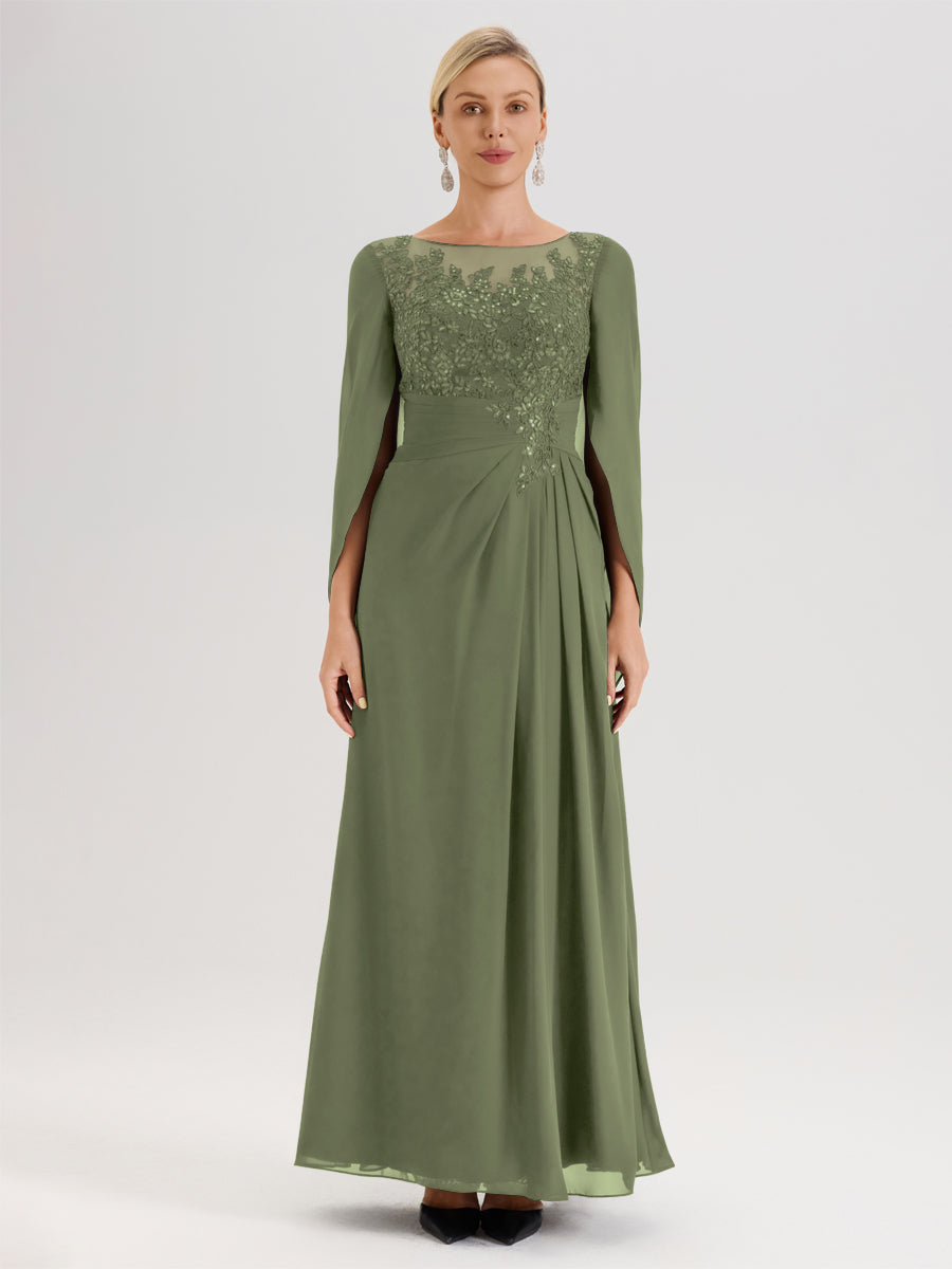 Cicinia Vert Olive Robe De Mère De La Mariée Longue Ligne A En Dentelle Appliquée Et Mousseline À Manches Volantes Et Col Illusion