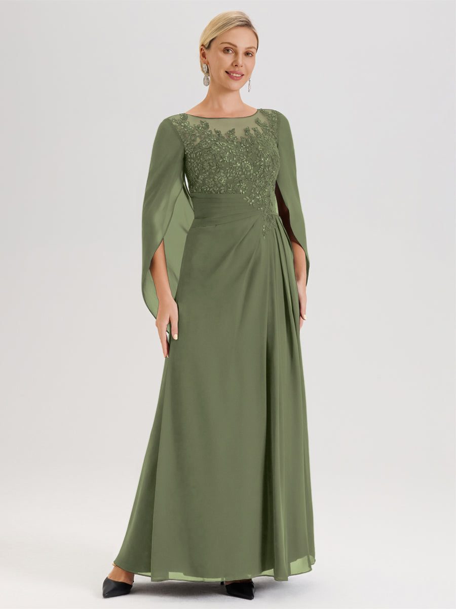 Cicinia Vert Olive Robe De Mère De La Mariée Longue Ligne A En Dentelle Appliquée Et Mousseline À Manches Volantes Et Col Illusion