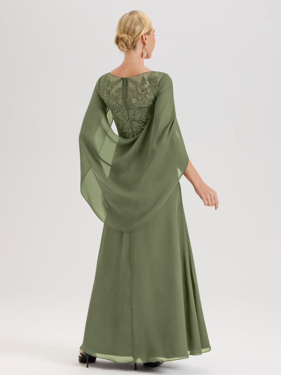 Cicinia Vert Olive Robe De Mère De La Mariée Longue Ligne A En Dentelle Appliquée Et Mousseline À Manches Volantes Et Col Illusion