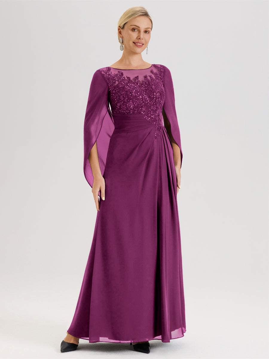 Cicinia Orchidée Robe De Mère De La Mariée Longue Ligne A En Dentelle Appliquée Et Mousseline À Manches Volantes Et Col Illusion